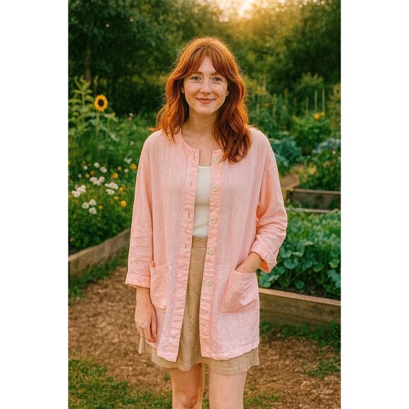 Zara 100% Linen Button Front Tunic Jacket Pink Long Sleeve Pockets Women’s Small - Picture 1 of 9